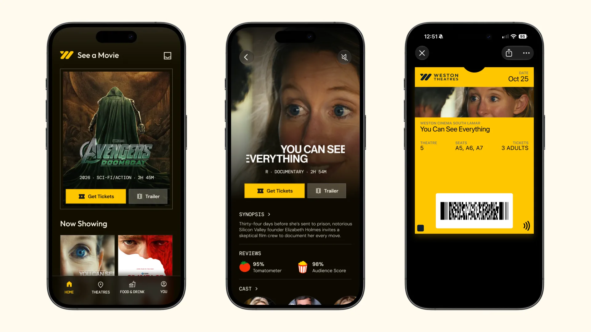 Three phones showing the Weston app home screen, a movie detail page and a ticket in the wallet