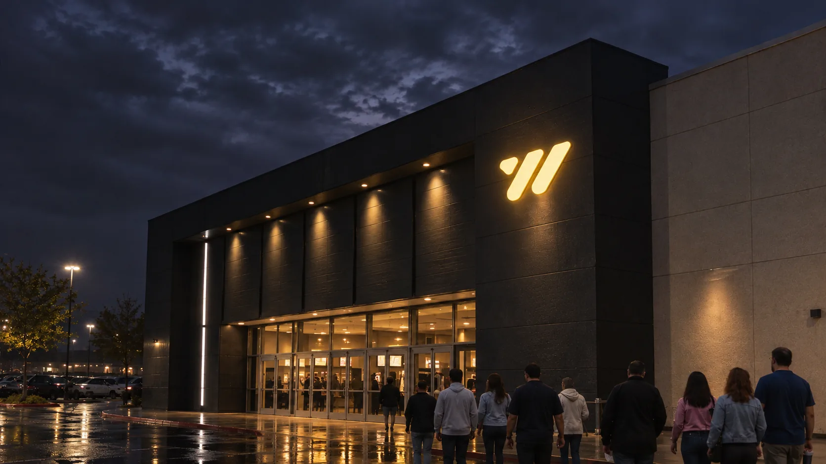 Three-quarter view of a Weston theatre at dusk, the lit yellow W high on the dark facade as moviegoers walk in