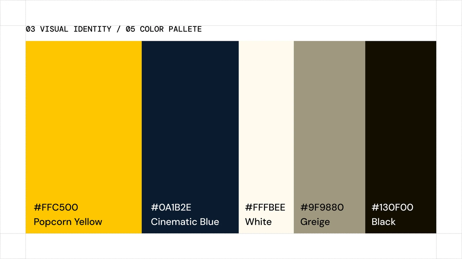 Weston color palette slide: Popcorn Yellow, Cinematic Blue, White, Greige and Black with color values
